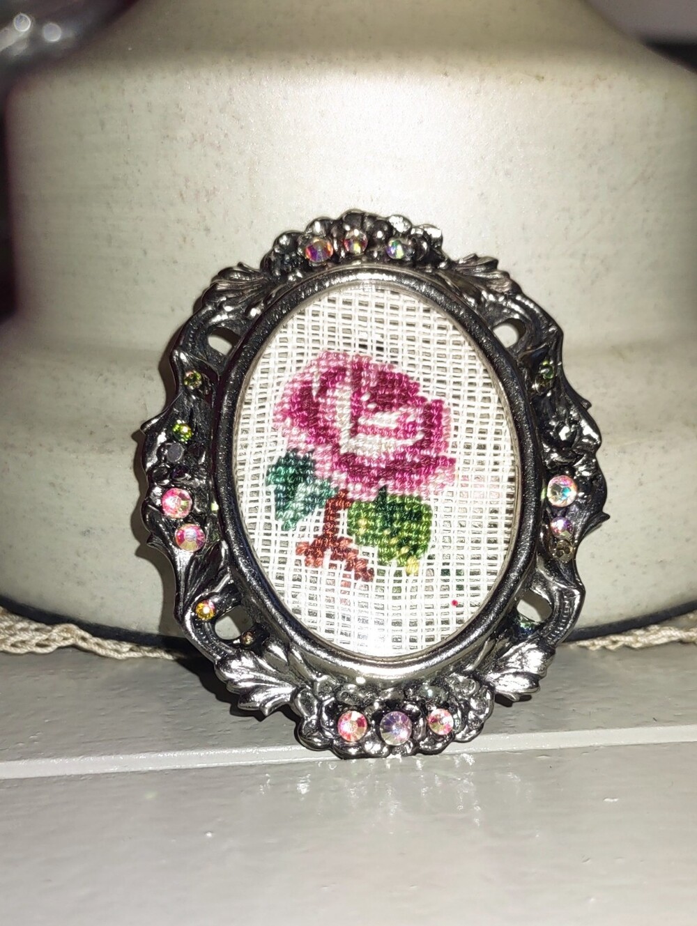 Old Fashioned Rose Needlepoint In Oval Pendant